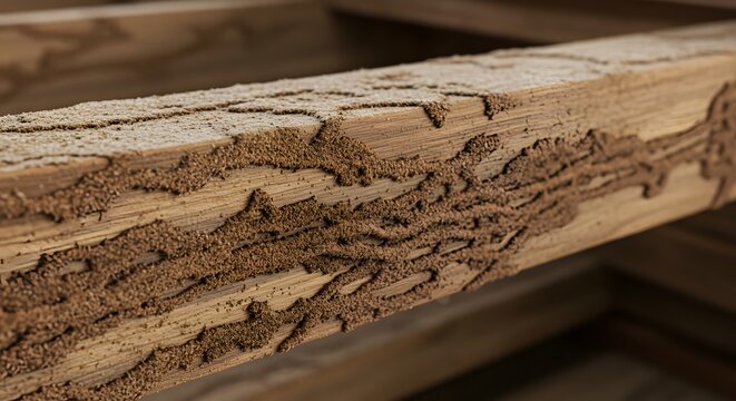 Termite damage on wood beam inspection and repair for home construction and pest control services on transparent background