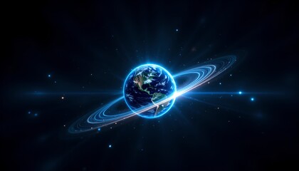 Exploring earth from space cosmic view of our planet with rings digital art sci-fi environment vibrant colors