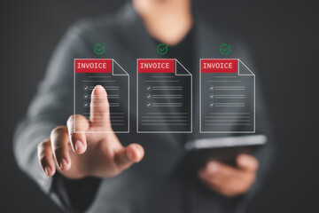 Digital invoice approval concept with businessman interacting virtual documents. Man selects electronic invoices via touchscreen interface, symbolizing modern finance, paperless transaction systems.