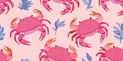 Playful Coastal Crab Seamless Pattern. Cute Marine Ocean Nature Design for trendy design, textile, packaging, fabric, wallpaper, branding, stationery, wrapping paper interior decor.