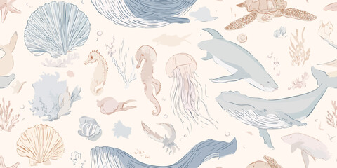 Detailed Ocean Marine Life Seamless Pattern. Elegant Underwater Sea Creature Design for trendy design, textile, packaging, fabric, wallpaper, branding, stationery, wrapping paper interior decor.