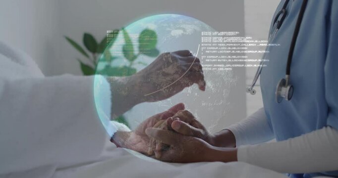 Nurse with stethoscope lifting patient hand and initiating globe with scrolling code boosting care