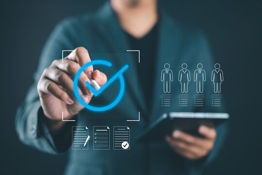 Employee qualification check. Candidate selection and recruitment process concept with businessman choosing the right applicant, representing hiring decision, human resources, job application