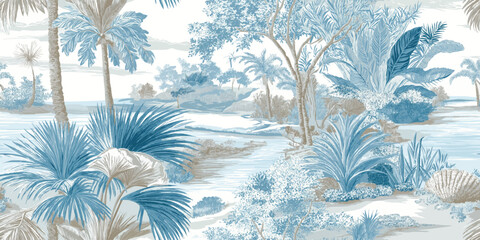 Elegant Tropical Toile Landscape Seamless Pattern. Detailed Nature Botanical Scenic Design for trendy design, textile, packaging, fabric, wallpaper, branding, stationery, wrapping paper interior decor