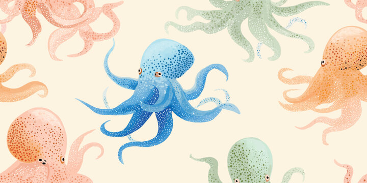 Vibrant Underwater Octopus Seamless Pattern. Playful Marine Life Ocean Design for trendy design, textile, packaging, fabric, wallpaper, branding, stationery, wrapping paper interior decor.