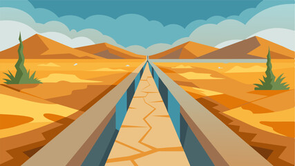 A long stretch of cracked concrete marking the path of an arid canal that once sustained the surrounding farmlands.. Vector illustration