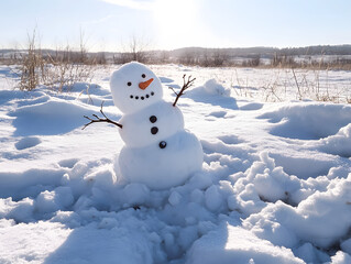 Obraz premium Cheerful snowman with carrot nose and stick arms stands in bright snowy field under clear sunlight, creating joyful winter scene with soft snow and distant hills