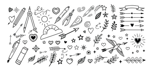 Hand drawn doodle elements featuring hearts arrows stars and decorative elements for graphic design projects