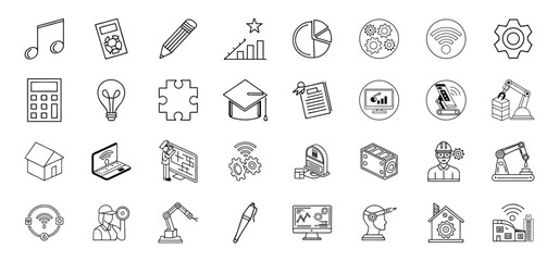 Line art illustrations of various concepts including technology, engineering, education, and business ideas.