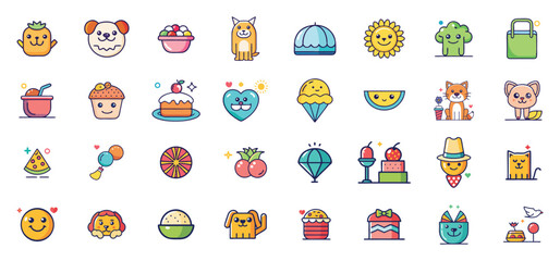 Obraz premium Set of cute and playful cartoon icons featuring animals food and various fun elements for design and decoration