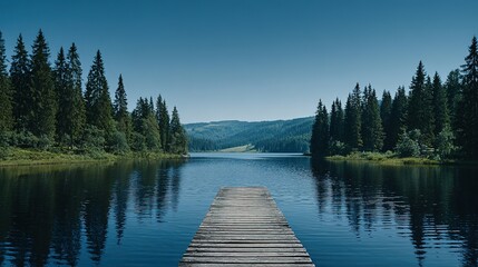 Tranquil lake scene with a wooden pier and lush forest.