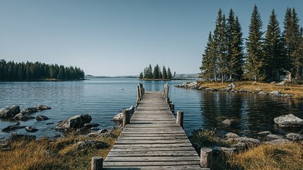 A weathered wooden dock extends into a tranquil lake.