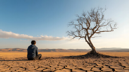 Lone person sitting on cracked dry earth near leafless tree under clear sky, evoking sense of solitude and reflection in vast barren landscape