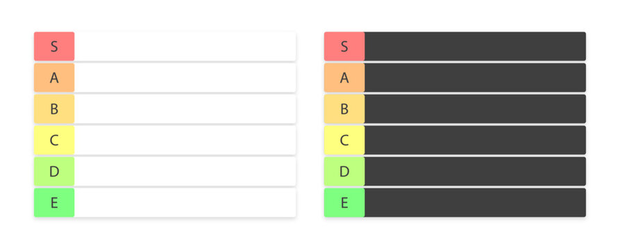 Tier list table empty template set vector. Isolated blank tiers list chart with letters on white background. Analyzing, compare, ranking concept banner. Web design Illustration. - Powered by Adobe