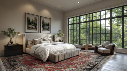 spacious and elegant bedroom featuring large windows, natural light, and stylish decor