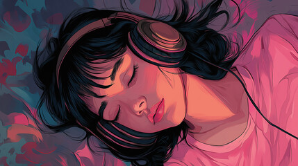 Girl Sleeping with Headphones – Listening to Music Illustration
