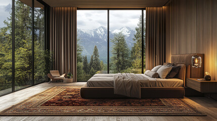 Fototapeta premium serene bedroom with large windows showcasing mountain view, creating peaceful atmosphere
