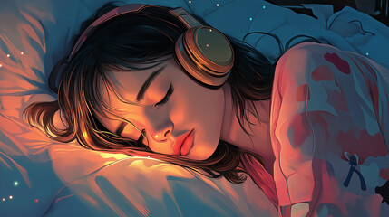Girl Sleeping with Headphones – Listening to Music Illustration