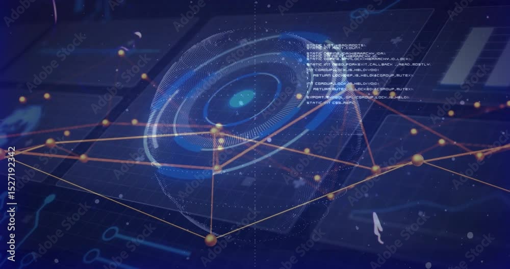 Poster wireframe sphere emerging and rotating with nodes linking and rings spinning, visualizing network