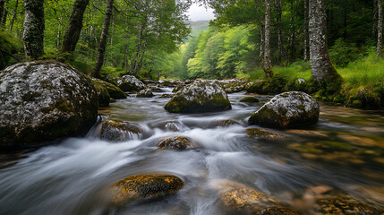 River flowing through a lush forest with rocks