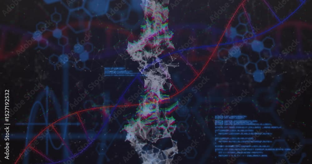 Aufkleber upon mesh appearing and rotating while code overlays mapping data syncing with red-purple helix