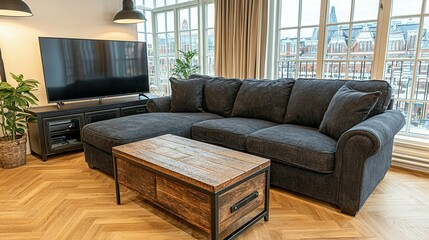 Obraz premium A dark gray sectional sofa with a wooden coffee table in a modern living room.