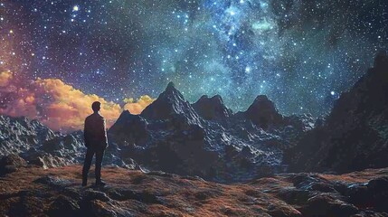 Obraz premium A solitary figure gazes at a vibrant night sky above majestic alien mountains