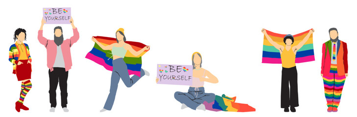 flat concept of people holding flags and sign of pride month