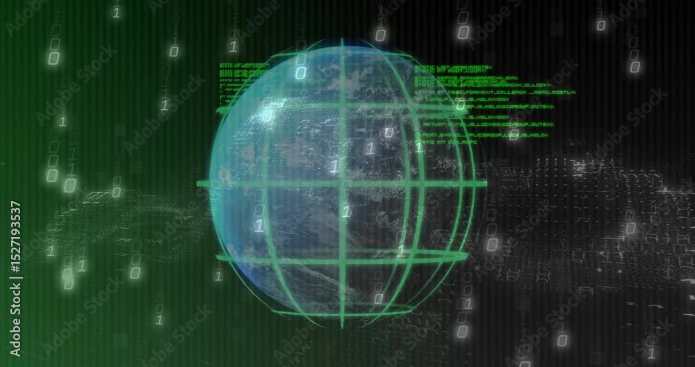 Poster when animation starts digital globe rotating with binary rain and scrolling code forming network