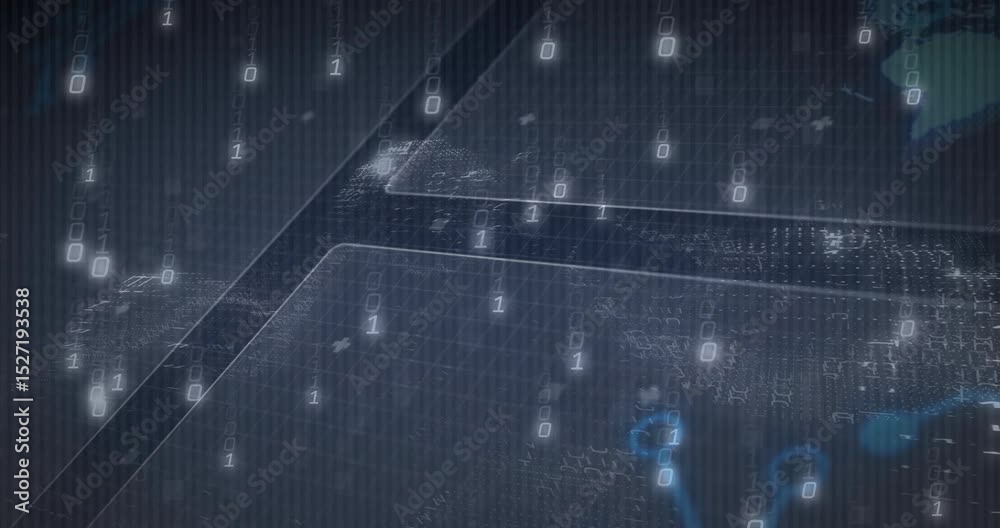 Poster Binary streams appearing at panel tops, cascading panels pulsing key icons showing secure data flow