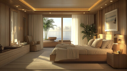 serene coastal bedroom interior featuring wooden elements and large windows
