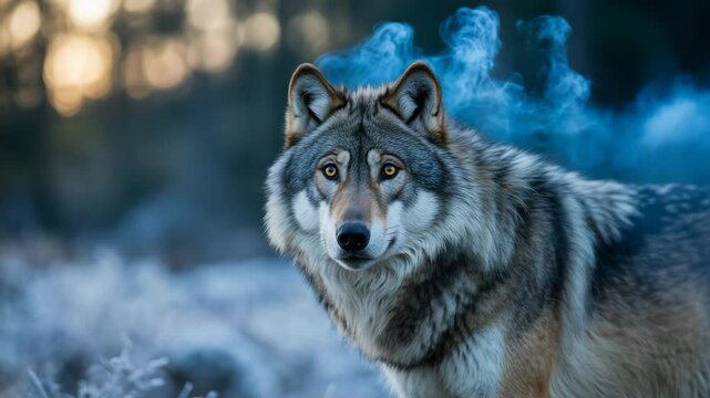 Majestic wolf in winter forest landscape closeup photo with impressive detail