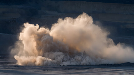 Coal residue dust cloud over mining area with dramatic light creating powerful and intense atmosphere in industrial landscape