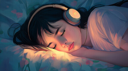 Girl Sleeping with Headphones – Listening to Music Illustration