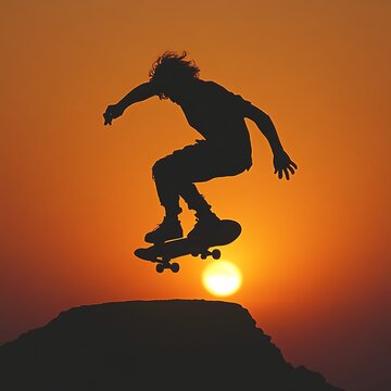 Silhouette of a skateboarder performing a trick at sunset