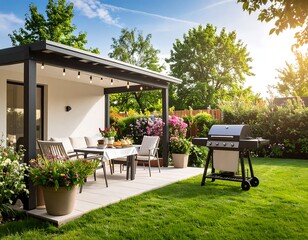Outdoor patio dining area with grill