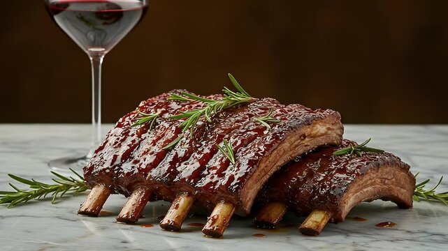 Close Up of Glazed Pork Ribs with Rosemary and Red Wine Glass on Marble Table Surface in a Warm Brown Background with Studio Lighting
