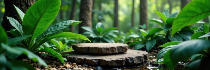 Rustic stone riser, tropical green leaves, botanical setting, support, leaves