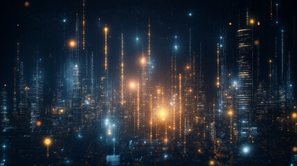 Obraz premium Digital Skyline: A modern city glows with interconnected data streams, visualized as radiant lines illuminating towering buildings in a dynamic display of technological progress.