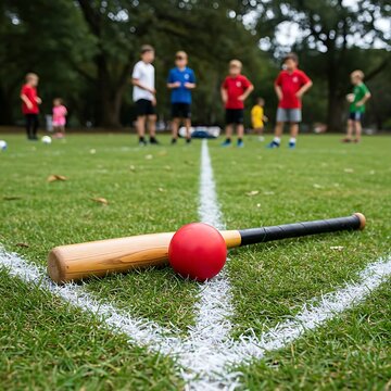 A rounders bat and ball laid out on a green grass field with white lines, with blurred figures of players in the background, suggesting an active game.