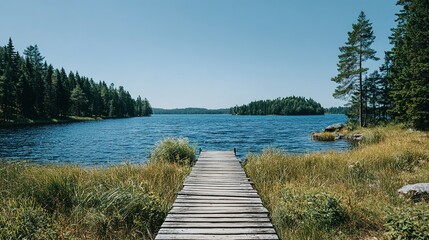 Wooden dock extending into a tranquil lake surrounded by trees.
