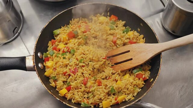 Home-cooked pilaf with vegetables stirred on hot stove in natural light