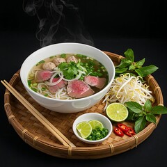 bowl of classic Phở Bò (beef noodle soup) with fresh herbs, lime, and chili on a rustic wooden table, soft natural light
