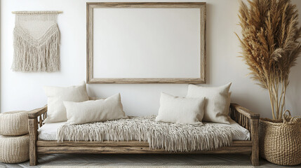 Cozy boho living room with wooden sofa, decorative pillows, and large empty frame