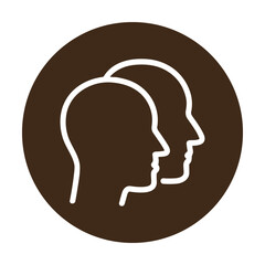 Contemplative profiles inside brown circle. Icon symbol illustration