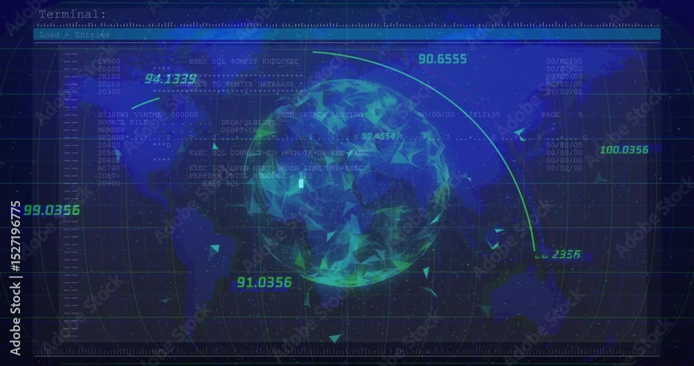 Poster scrolling code initiating globe emerging, animating arcs linking continents for data flow