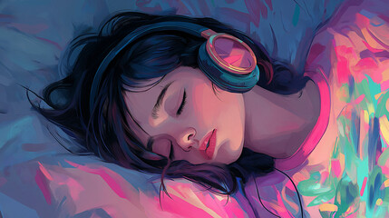 Girl Sleeping with Headphones – Listening to Music Illustration
