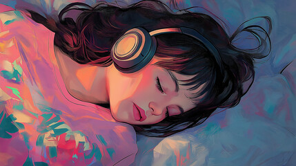 Girl Sleeping with Headphones – Listening to Music Illustration