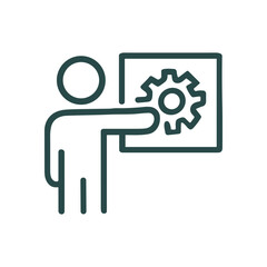 Presenter points to diagram of gear. Icon symbol illustration
