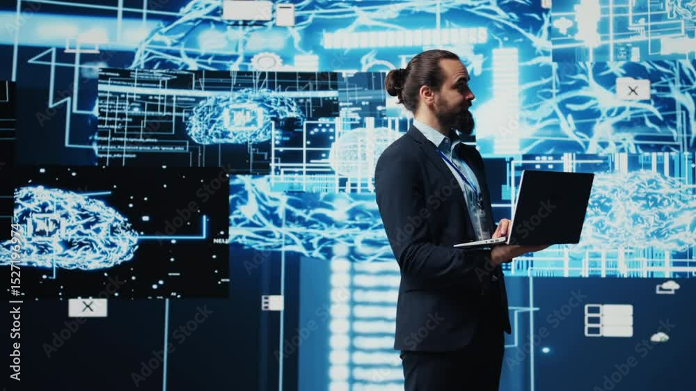 Poster businessman exploring deep learning and big data connectivity in high tech environment, exploring fu
